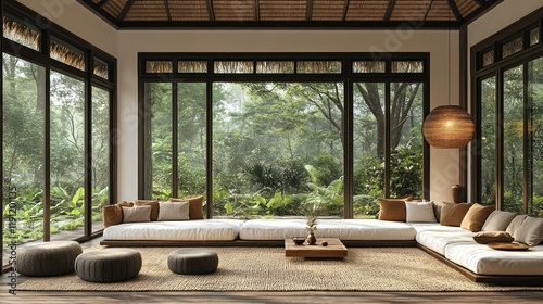 Modern  serene living room with nature view.