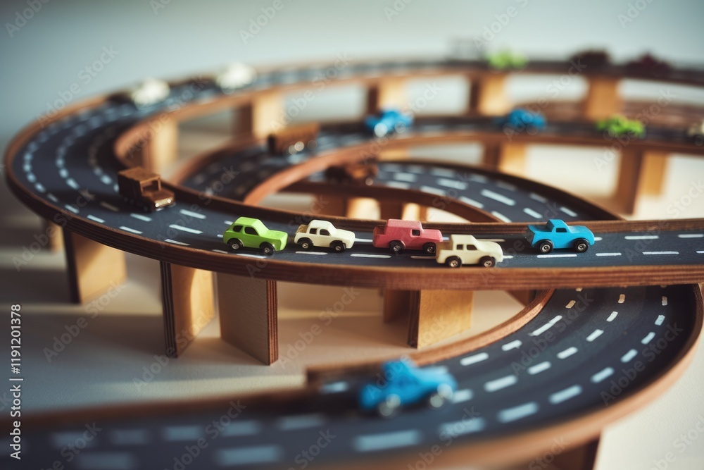 Obraz premium Colorful toy cars navigate a wooden track, creating a fun and engaging scene.