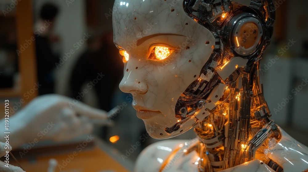 Futuristic Sculptor: A humanoid robot crafting a masterpiece from marble with precision and artistry Futuristic Sculptor: A humanoid robot crafting a masterpiece from marble with precision and artistry