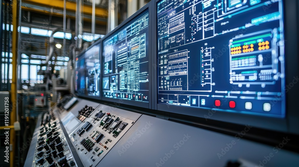 Industrial Control Room with High-Tech Monitors and Interfaces Industrial Control Room with High-Tech Monitors and Interfaces