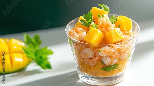 Delicious shrimp and mango salad in a glass bowl, garnished with fresh parsley. photo