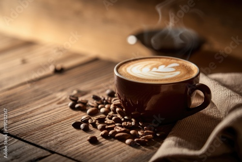 A steaming cup of latte art coffee sits on a wooden table surrounded by roasted coffee beans.