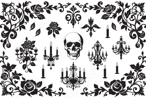 Black and White Ink Art Set for Gothic Romance Decor with Roses, Skulls, Candles, and Lace Patterns - Ideal for Sticker Packs, Party Themes, and Elegant Gothic Decor