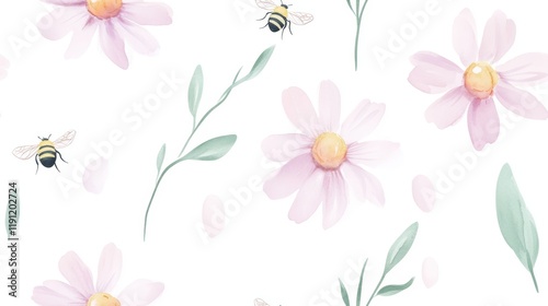 Watercolor Seamless Pattern of Wildflowers and Bees