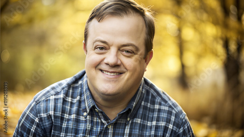 Smiling man with Down syndrome in park during autumn
