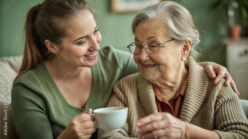Woman sharing tea with elderly woman at home Woman sharing tea with elderly woman at home
