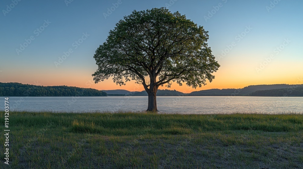 Obraz premium Solitary tree by lake at sunset.