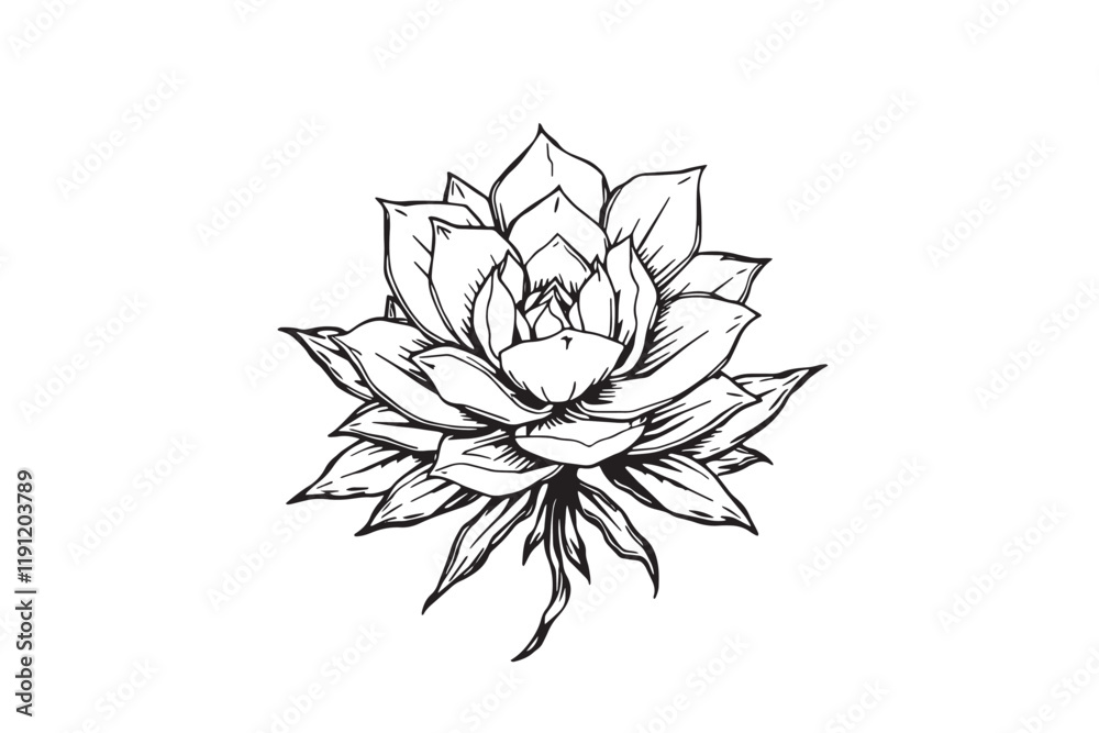 Obraz premium Hand-drawn Succulent Ink Element, Black and White Artistic Sticker for Home Decor
