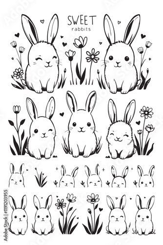 Sweet Rabbits with Cute Expressions Ink Stickers for Spring Designs