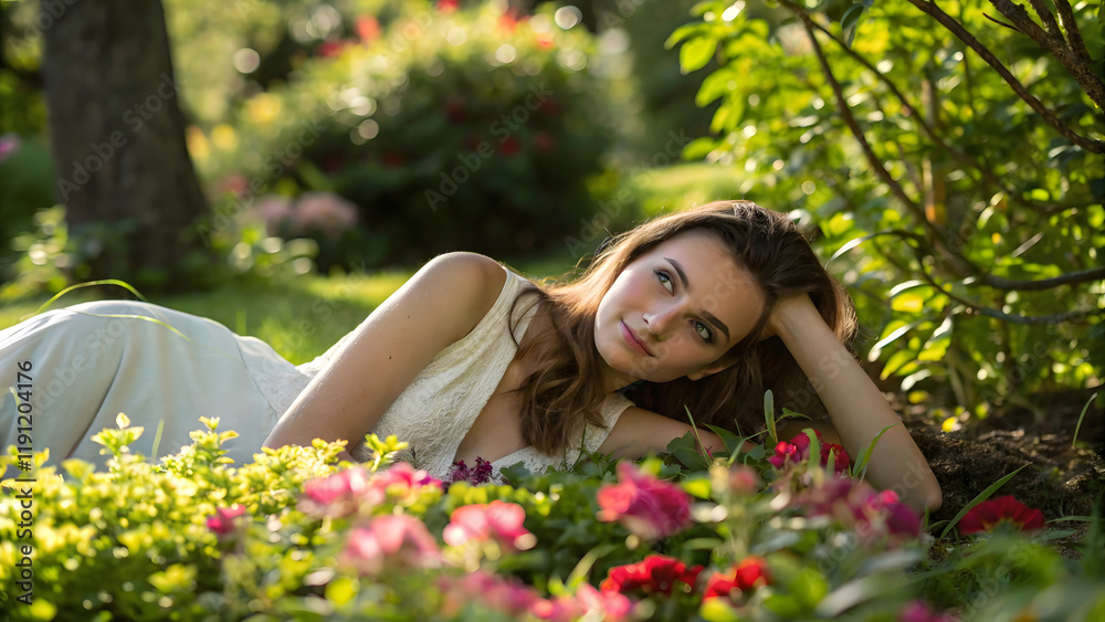 Smiling young woman relaxing on the green grass in a summer meadow Smiling young woman relaxing on the green grass in a summer meadow