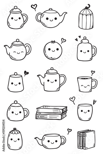 Black and White Cute Objects with Tiny Faces Vector Set, Ideal for Fun, Whimsical Art, Ideal for Digital Creation, Cute Doodles, and Youthful Designs, Aesthetic and Playful Art Collection