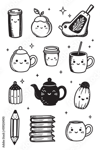Black and White Playful Objects with Tiny Faces Vector Set, Ideal for Fun, Whimsical Illustrations, Ideal for Digital Stickers, Youthful and Playful Art with Smiling Everyday Objects