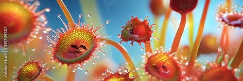 Sundew plant leaves with sticky secretion capturing insects in vivid detail photo