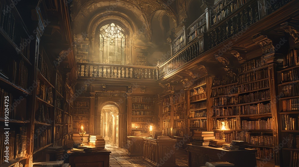 Obraz premium Enchanting Old Library with Bookshelves and Natural Lighting
