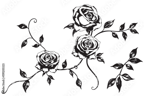 Rose and Vine Decorative Sticker Set, Elegant Black and White Ink Art for Floral Design