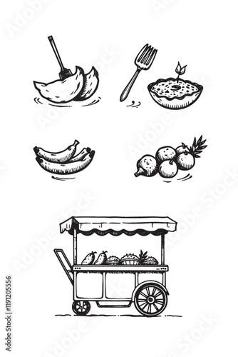 Black and white vector ink set for global street food, minimal design showcasing popular snacks, cultural cuisine, food cart sketches