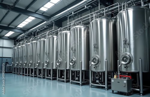 Industrial interior shows stainless steel tanks in row. Modern equipment for liquid processing, production visible. Modern brewery winery factory. Manufacturing production facility for drinks. Large