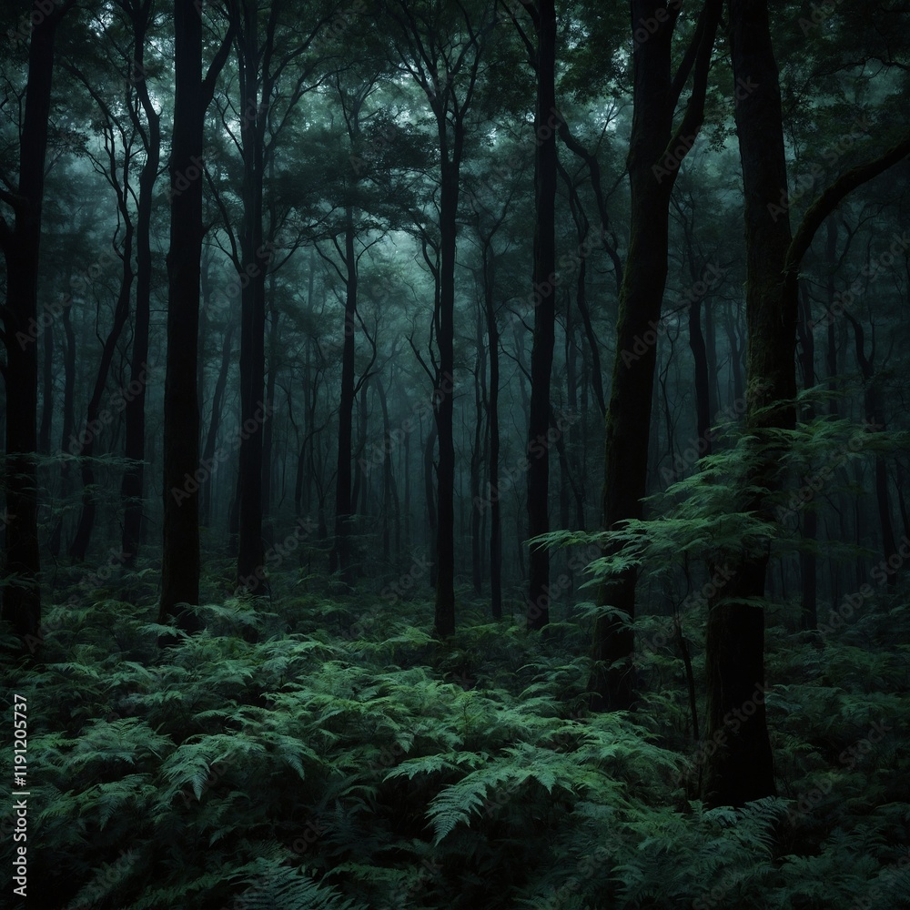 Obraz premium Dark forest wallpaper features a captivating scene of towering trees shrouded in shadows, creating an air of mystery and enchantment.