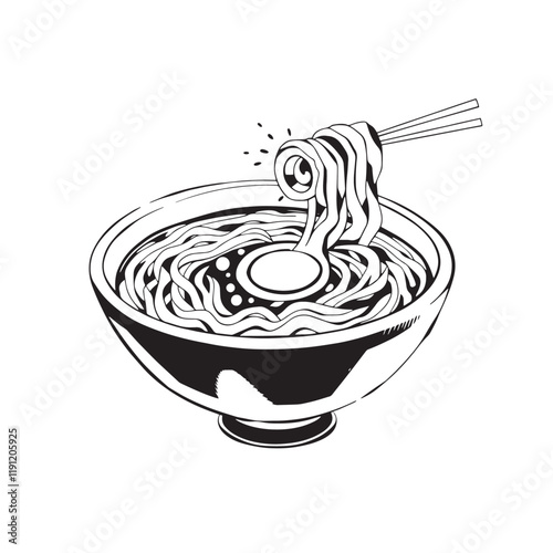 Artistic ramen bowl vector ink design, perfect for restaurant branding