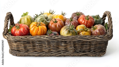 Colorful Assortment of Heirloom Tomatoes in a Rustic Basket