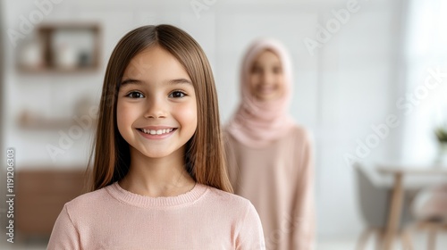 Young Girl Smiling Together with Woman in Soft Indoor Setting
