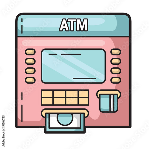 Modern ATM machine with cash, card slot, and keypad. Perfect for financial technology, banking, payment services concepts