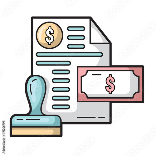 Financial document money bill rubber stamp symbolizing approved payment. Ideal for finance, banking, accounting, business concepts in presentations or designs