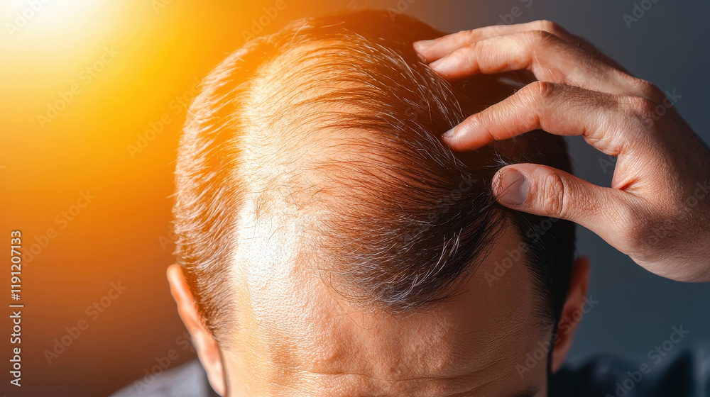 Naklejka premium Man examining thinning hair, showing concern about hair loss and baldness