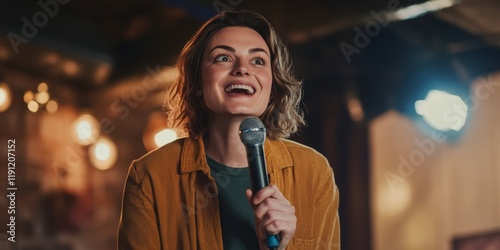 A cheerful woman stands on stage, holding a microphone and smiling brightly. The ambiance is lively with warm lights. This image captures the essence of performance and joy. AI.