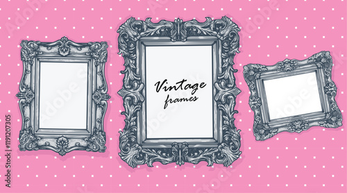 Vintage hand drawn sketch silver picture frames on dotted pink wall background. Empty photo design template. Vector illustration.