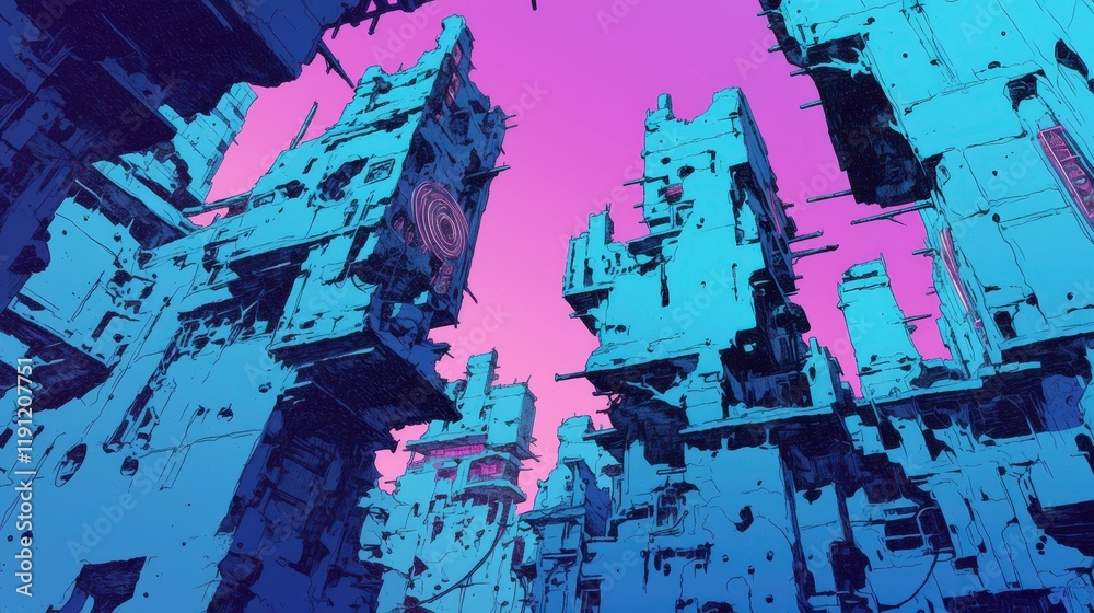 Fototapeta premium Futuristic Ruined Cityscape Under a Pink Sky