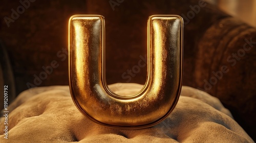 The letter 'U' crafted in golden metal, sitting on a soft velvet cushion, with warm ambient lighting enhancing its elegance