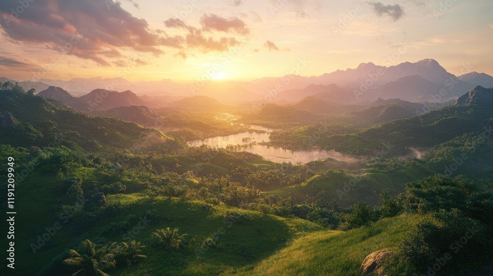 Fototapeta premium Majestic landscapes featuring scenic hills, softly lit by dawn, symbolizing peace and hope