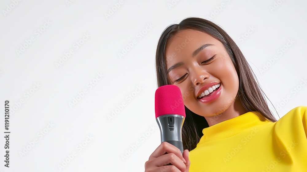 Woman with Microphone Singing Joyfully in Bright Yellow Outfit Woman with Microphone Singing Joyfully in Bright Yellow Outfit