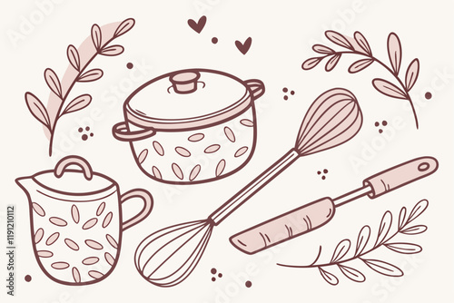 Hand-drawn kitchen utensils, vintage cooking tools illustration, pastel color palette, whimsical doodle style, retro kitchenware collection, culinary equipment sketch, cookware set drawing, cute kitch