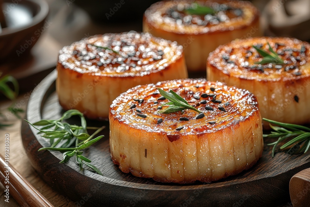 Grilled Scallops with Herb Garnish Served on a Wooden Plate in a Rustic Kitchen Setting, Perfect for Gourmet Culinary Photography and Food Styling Inspiration Grilled Scallops with Herb Garnish Served on a Wooden Plate in a Rustic Kitchen Setting, Perfect for Gourmet Culinary Photography and Food Styling Inspiration