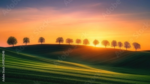 Captivating sunset over rolling fields, with silhouettes of trees creating a picturesque horizon