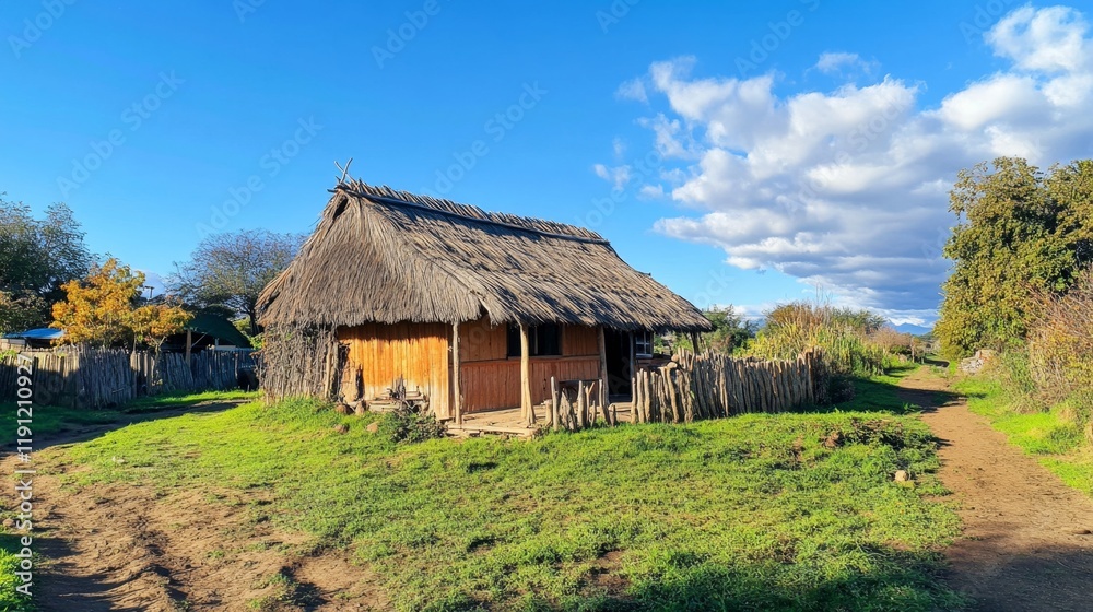 Traditional Straw Thatched Hut in a Rural Landscape Traditional Straw Thatched Hut in a Rural Landscape