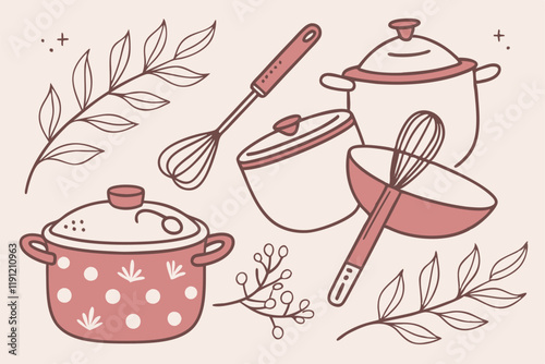 Hand-drawn kitchen utensils, vintage cooking tools illustration, pastel color palette, whimsical doodle style, retro kitchenware collection, culinary equipment sketch, cookware set drawing, cute kitch