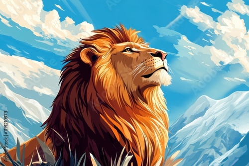 Majestic Lion Gazing at a Serene Mountain Landscape