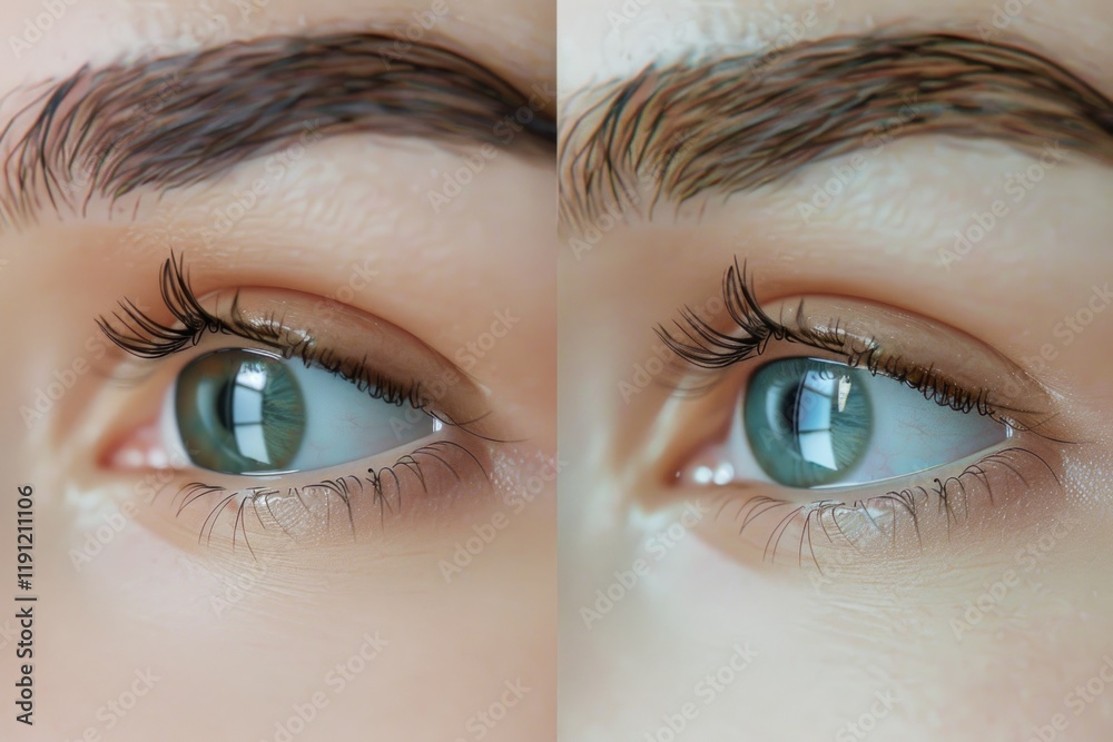 Naklejka premium Female eyes closeup before and after eyebrows correction and dying.