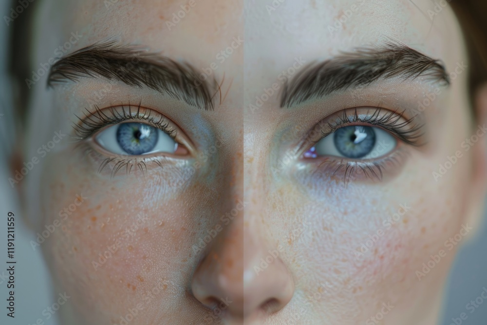 Fototapeta premium Female face with perfect skin cut in half to present before and after coloring styling eyebrows.