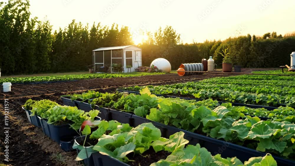 Vibrant vegetable garden with rows of plants and lush greenery at sunset. Agriculture and farming concept