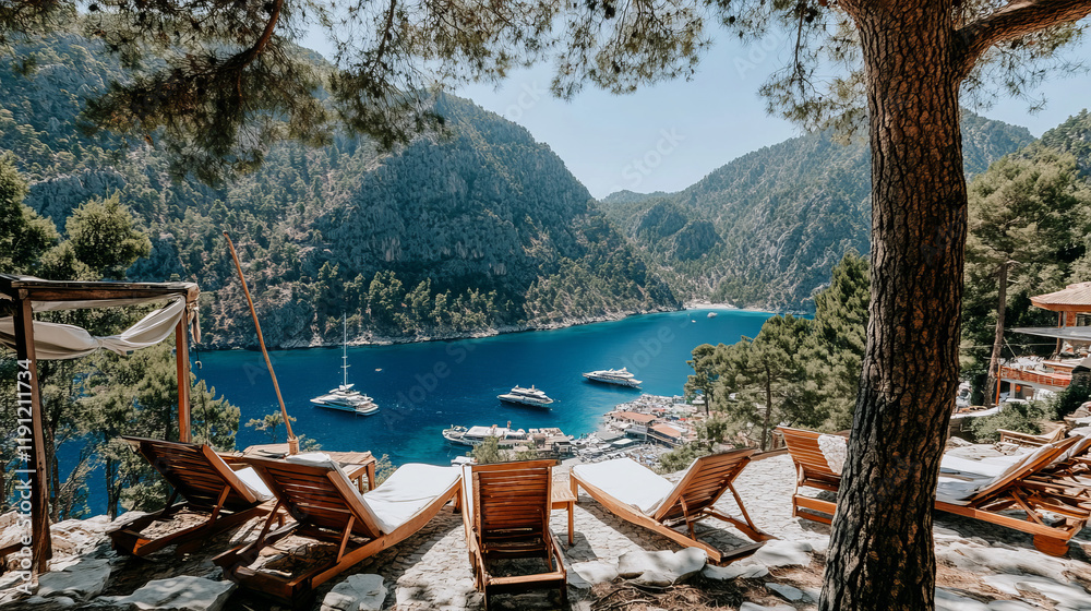 luxury resort with panoramic views and secluded cove in oludeniz turkey along the aegean coast featuring yacht and sea views from wooden lounge chairs with scenic mediterranean backdrop