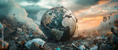Erde auf Müllhaufen, Symbol für Umweltverschmutzung und globale Sorgen

