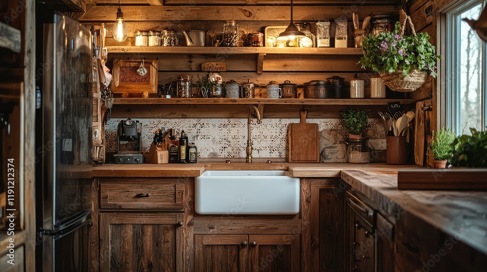 Cozy Rustic Kitchen with Wooden Shelves and Farmhouse Sink Cozy Rustic Kitchen with Wooden Shelves and Farmhouse Sink