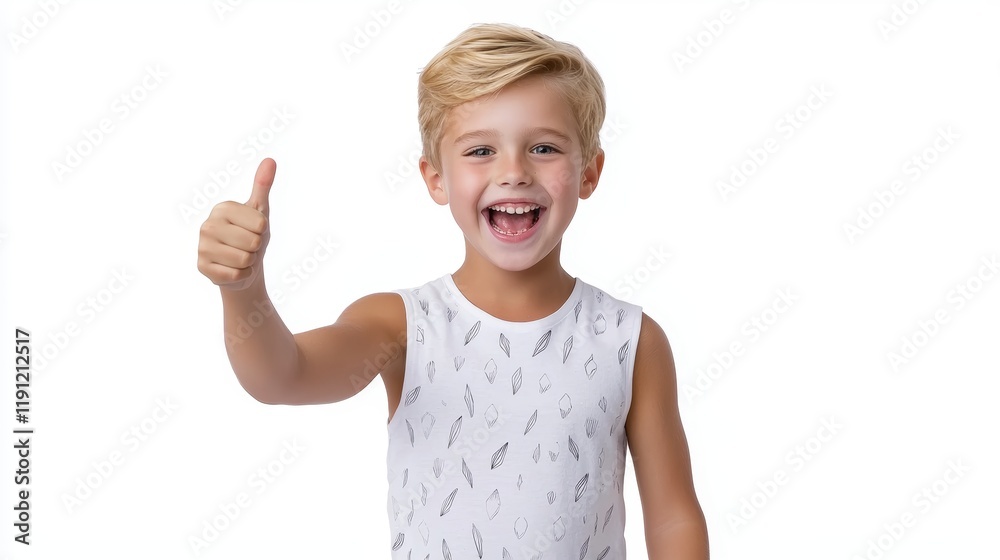 Cheerful Boy Giving Thumbs Up with Big Smile on White Background Cheerful Boy Giving Thumbs Up with Big Smile on White Background