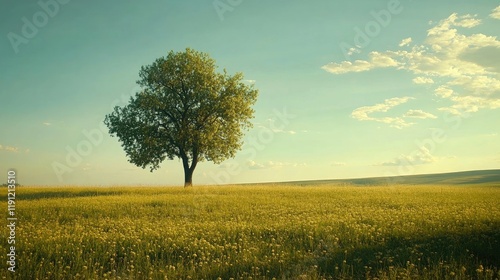 A gular tree standing alone in a vast field, symbolizing resilience and strength photo