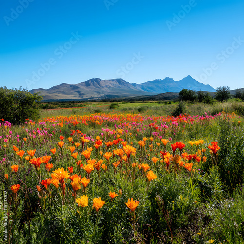 Vibrant wildflowers bloom in a field, set against a backdrop of majestic mountains under a clear blue sky.