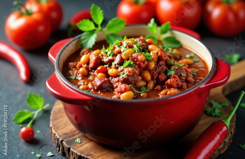 Vegan chili con carne stew. Healthy homemade dish. Red pot full of cooked beans vegetables, spices. Mexican style chili. Delicious hot meal. Served in large red saucepan. Fresh ingredients.